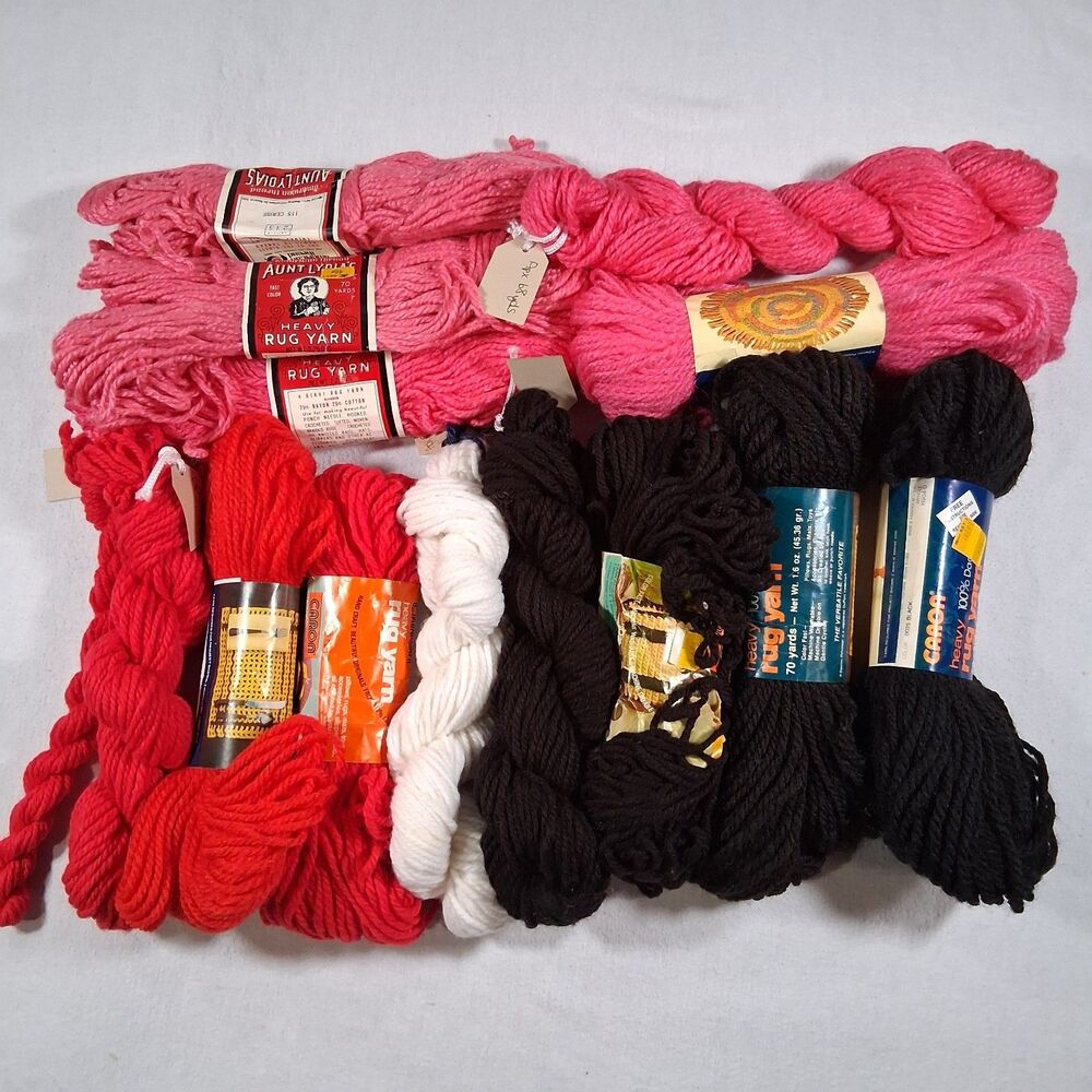 Caron Aunt Lydias Rug Yarn Lot Mixed Black Red Pink White Colors Rug Hooking VTG